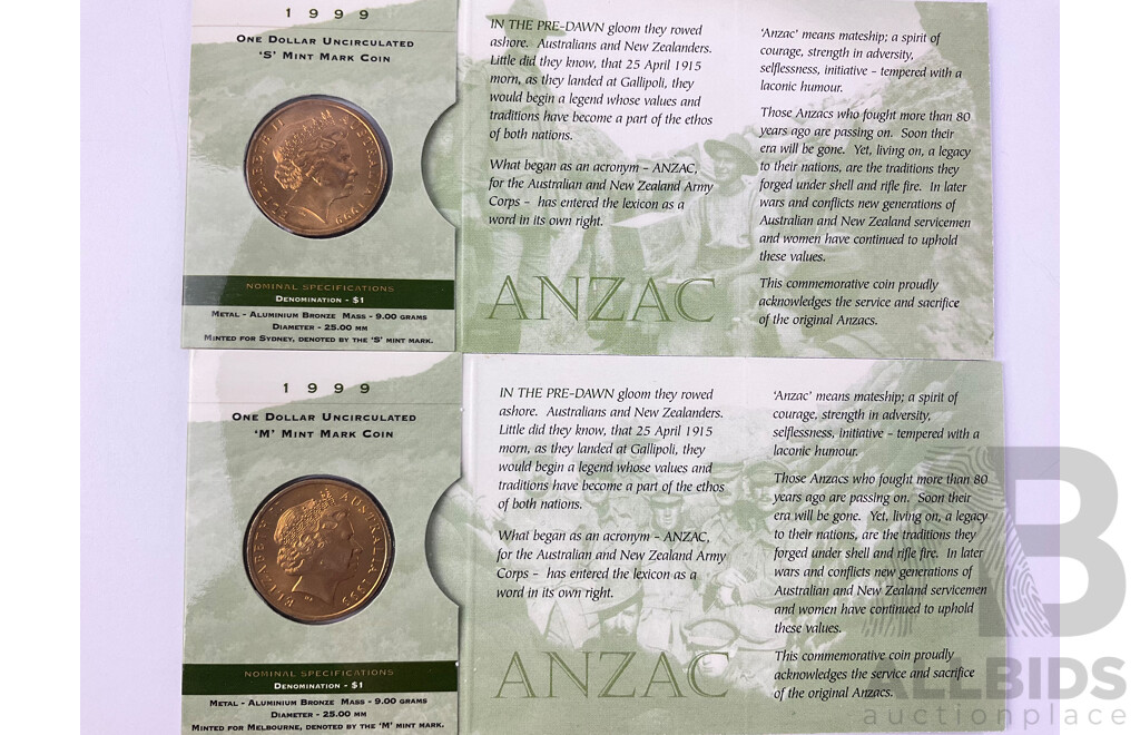 Australian 2013 Proof Coin Set, Four 1999 One Dollar Commemorative ANZAC 'M' 'S' and 'C'(2) with 1988 Bicentennial Medallion