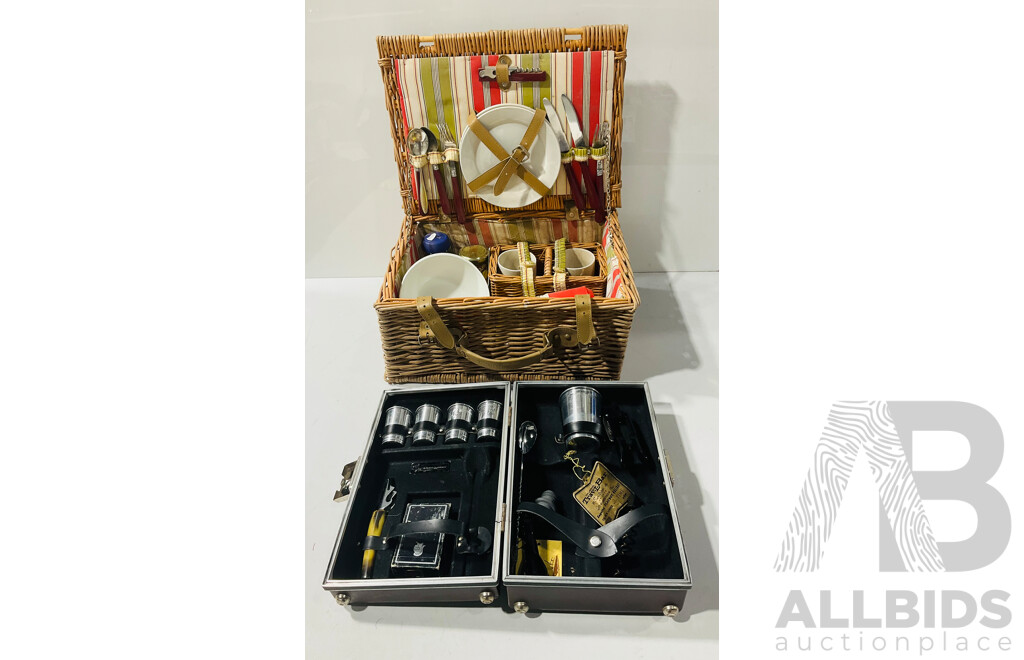Retro Picnic Set in Woven Cane Basket Along with Retro Original Trav L Bar