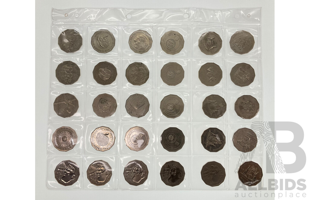 Thirty Australian Commemorative Fifty Cent Coins Including 2016 Fifty Years Decimal Currency, 1991 Twenty Five Years Decimal Currency, 2001 Federation, 2014 AIATSIS