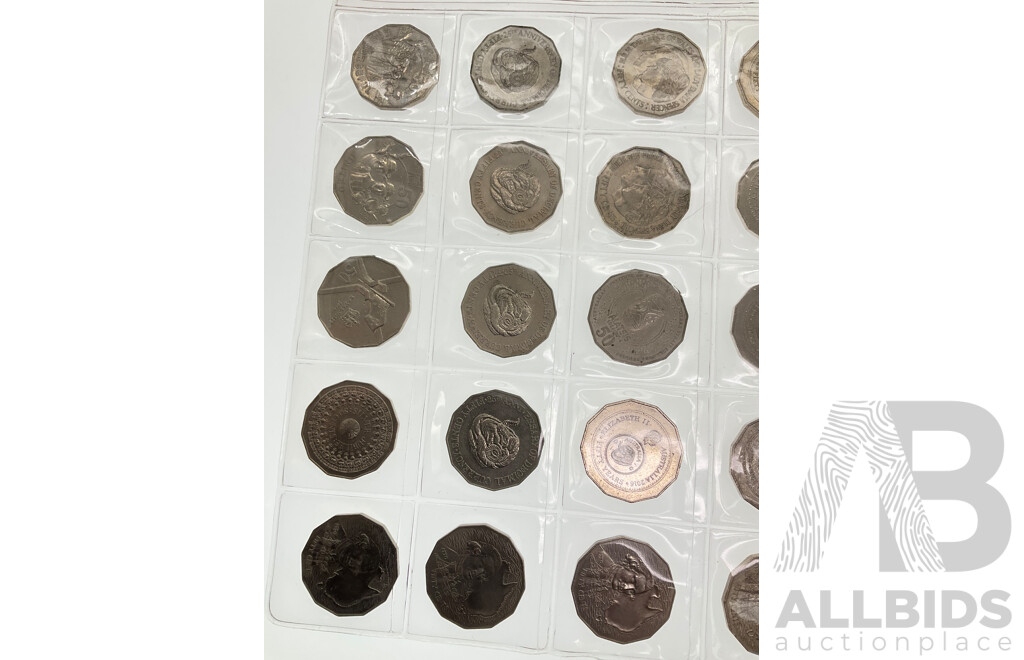 Thirty Australian Commemorative Fifty Cent Coins Including 2016 Fifty Years Decimal Currency, 1991 Twenty Five Years Decimal Currency, 2001 Federation, 2014 AIATSIS