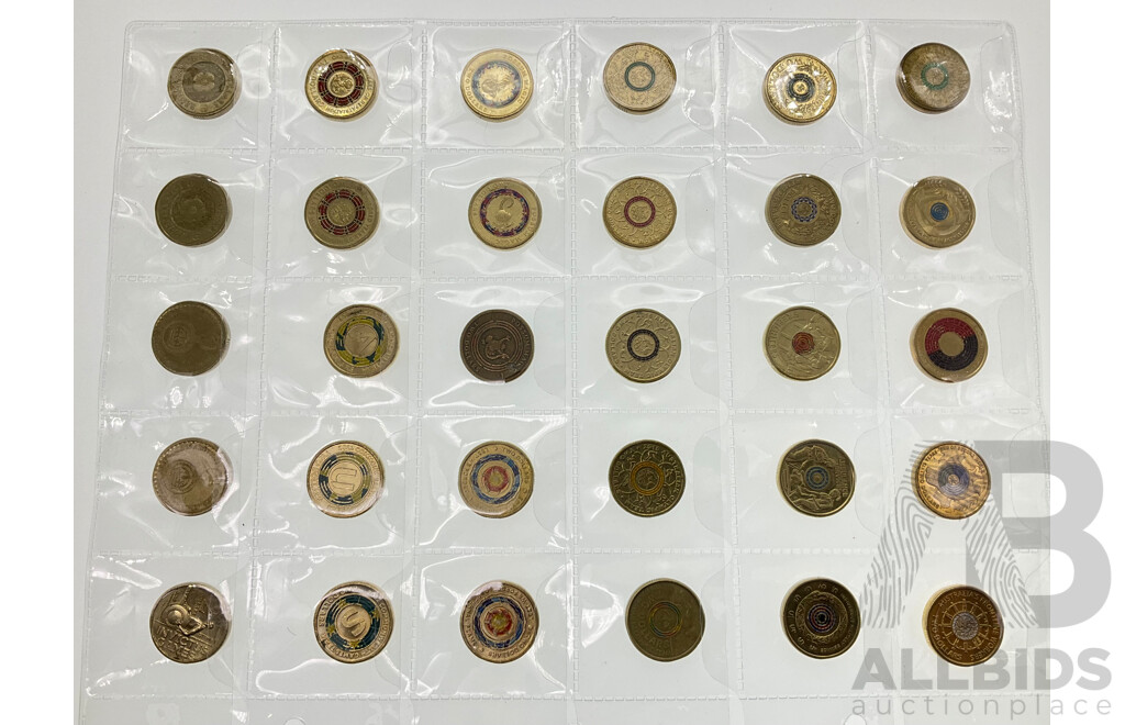 Thirty Australian Commemorative Two Dollar Coins Including 2021 Aboriginal Flag, 2016 50 Years Decimal Currency, 2022 Front Line Workers