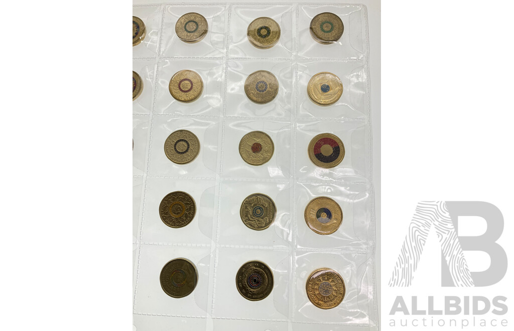 Thirty Australian Commemorative Two Dollar Coins Including 2021 Aboriginal Flag, 2016 50 Years Decimal Currency, 2022 Front Line Workers