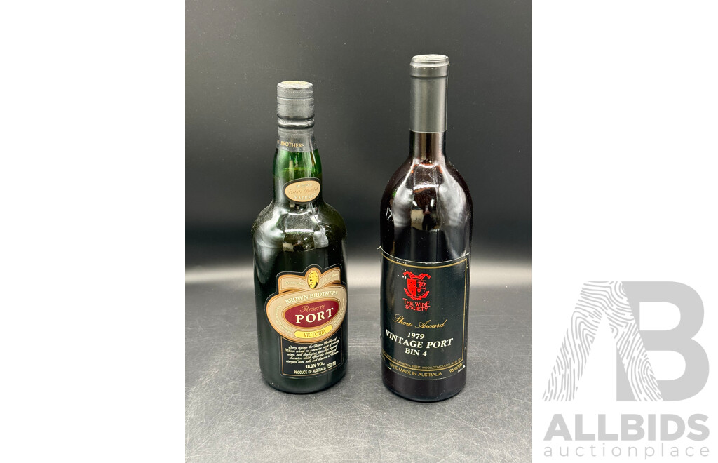 BROWN BROTHERS Wood Matured Reserve Port 750ml & the WINE SOCIETY Show Award 1979 Vintage Port Bin4