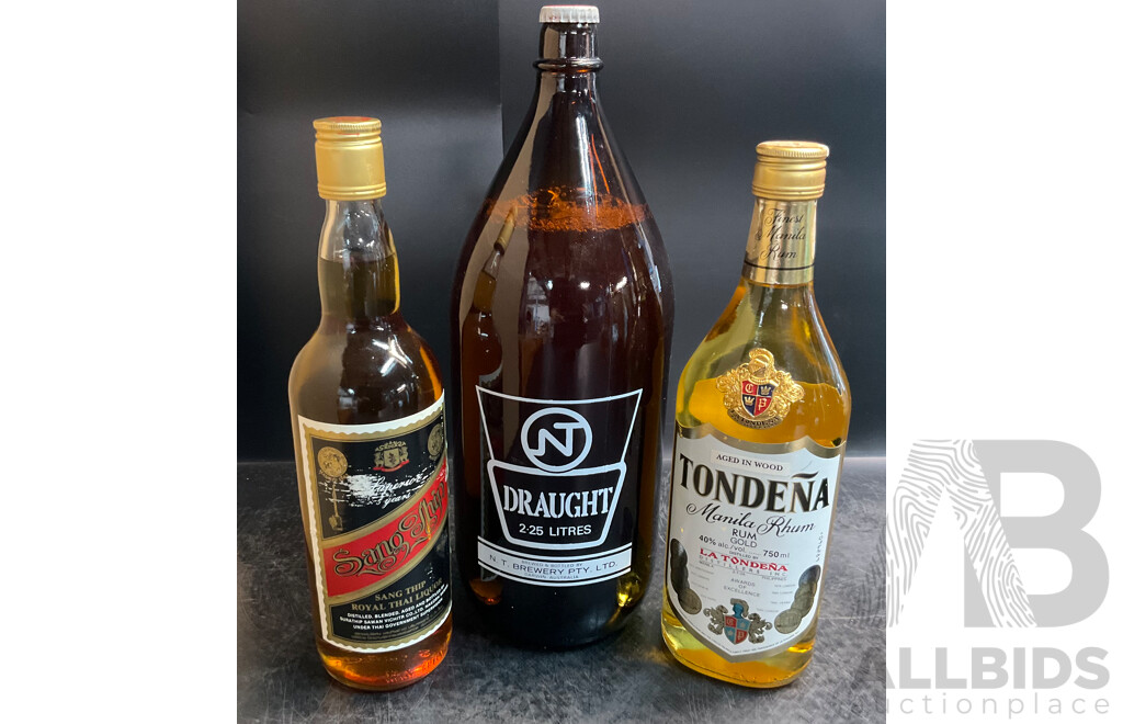 NT Draught Original Darwin Stubby 2.25 L & TONDENA Manila Rhum Rum GOLD 750ml & Sang Thip Royal Thai Liquor 750ml - Lot of 3