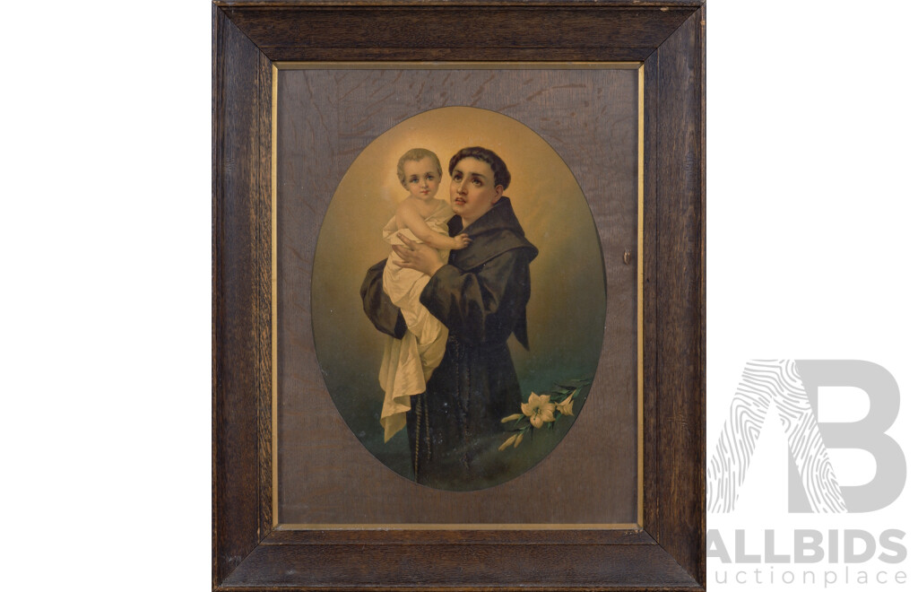 Artist Unknown, Saint Anthony of Padua with the Christ Child, Beautiful Vintage Colour Canvas Print in Original Wooden Frame, 62 x 52 cm (frame)