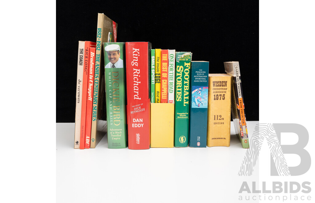 Collection Books Relating to Australian Cricket and Australian Rules Football Including Ist Edition King Richard by Dan Eddy, Ist Edition Dickie Bird White Cap and Balls by E J Stormon and More