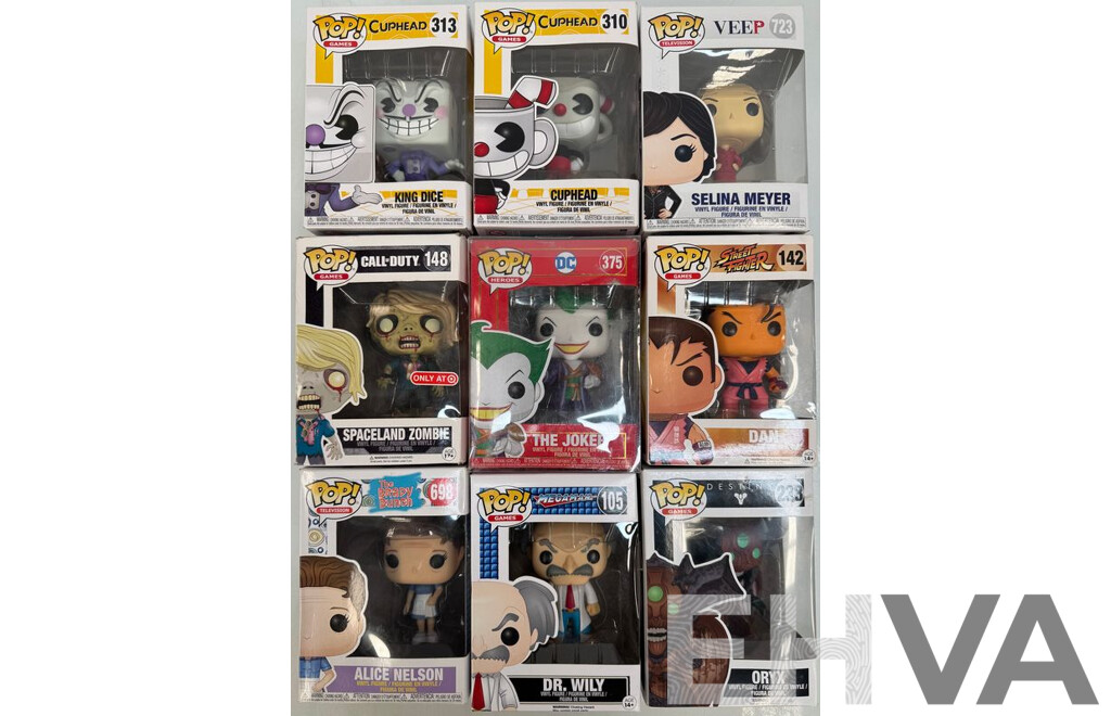 Collection of 9 Funko Pops From Cuphead, Veep, COD, DC, Street Fighter, the Brady Bunch, Megaman and Destiny