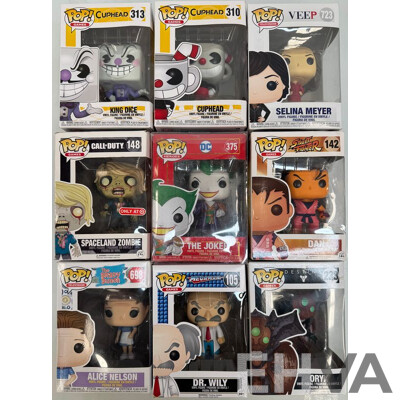 Collection of 9 Funko Pops From Cuphead, Veep, COD, DC, Street Fighter, the Brady Bunch, Megaman and Destiny