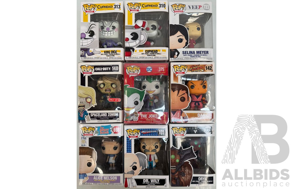 Collection of 9 Funko Pops From Cuphead, Veep, COD, DC, Street Fighter, the Brady Bunch, Megaman and Destiny