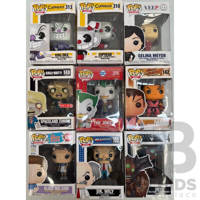 Collection of 9 Funko Pops From Cuphead, Veep, COD, DC, Street Fighter, the Brady Bunch, Megaman and Destiny