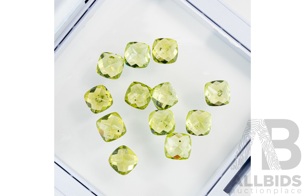 Peridot (12) Natural Untreated Cushion Checker Cut Gemstones, 18.45 Ct