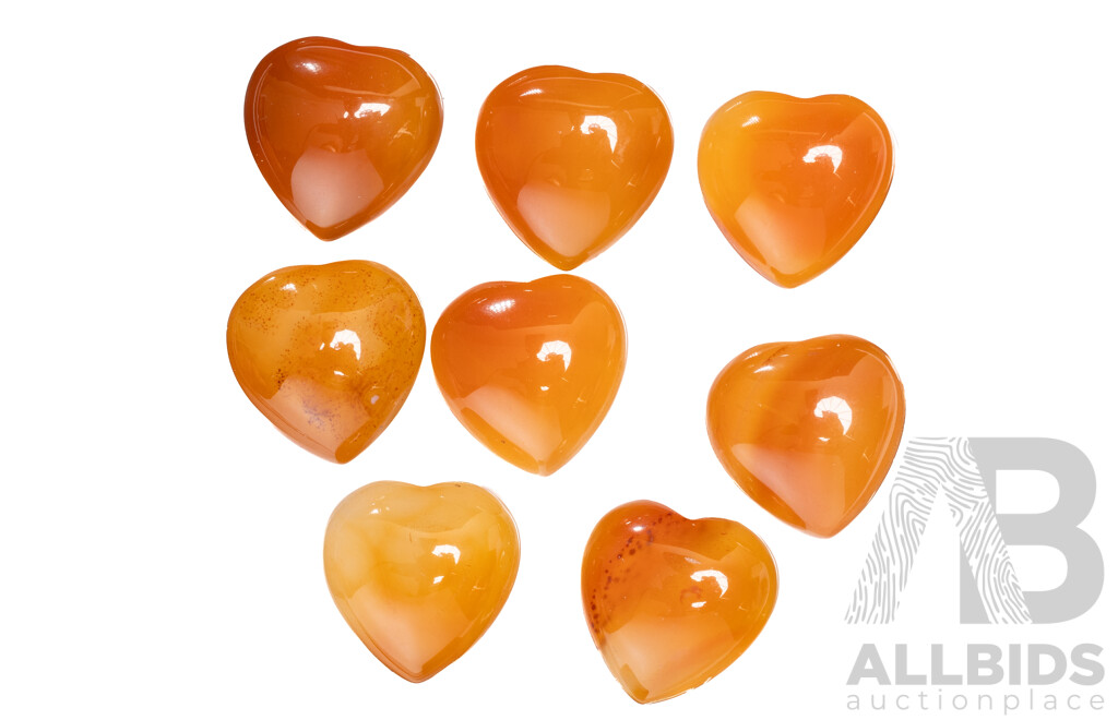 Carnellian Agate (8) Heart Shaped Cabochon Gemstones, 85.60ct