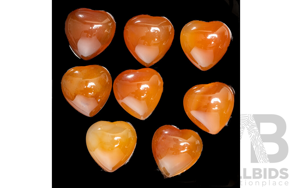 Carnellian Agate (8) Heart Shaped Cabochon Gemstones, 85.60ct