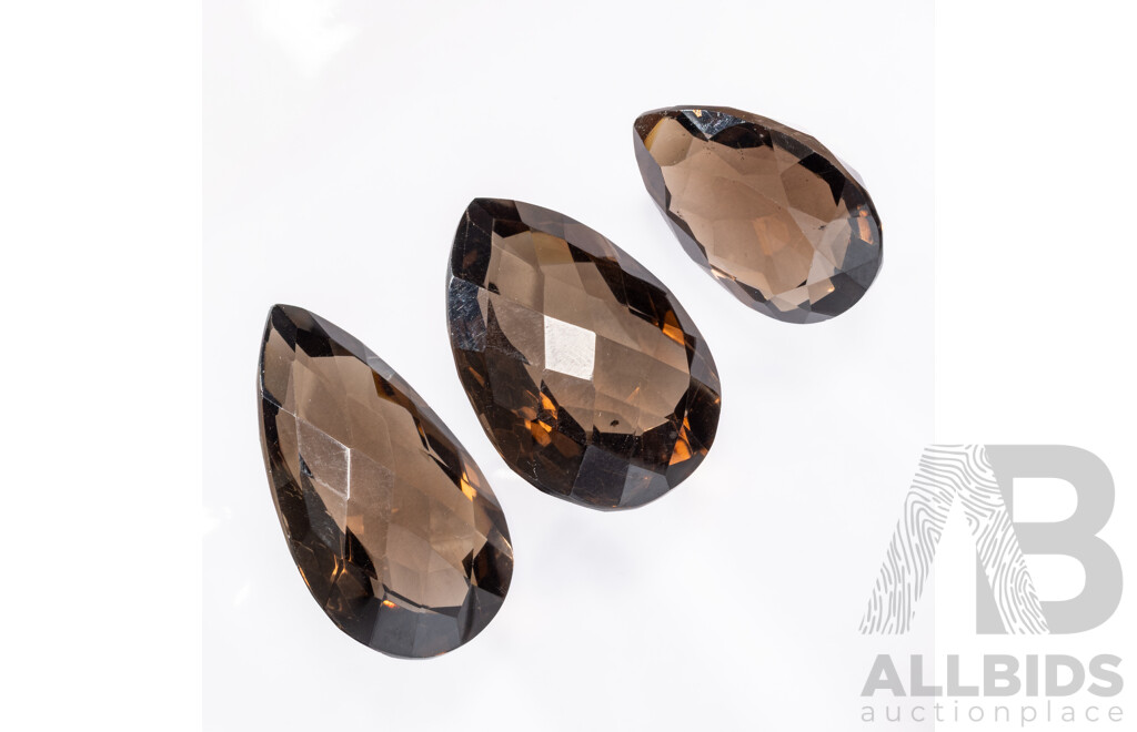 Smokey Quartz (3) Pear Checker Cut Gemstones, 81.85ct