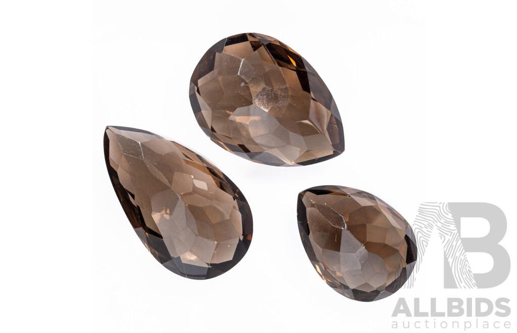 Smokey Quartz (3) Pear Checker Cut Gemstones, 81.85ct