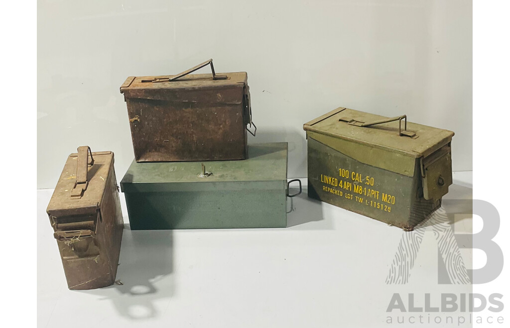 Collection of Four Vintage Metal Ammunition Boxes and Other