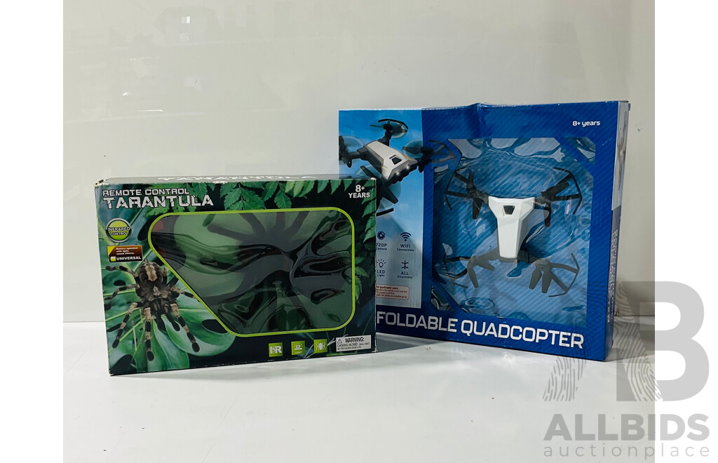 Remote Control Tarantula and Remote Control Foldable Quadcopter Both in Original Packaging