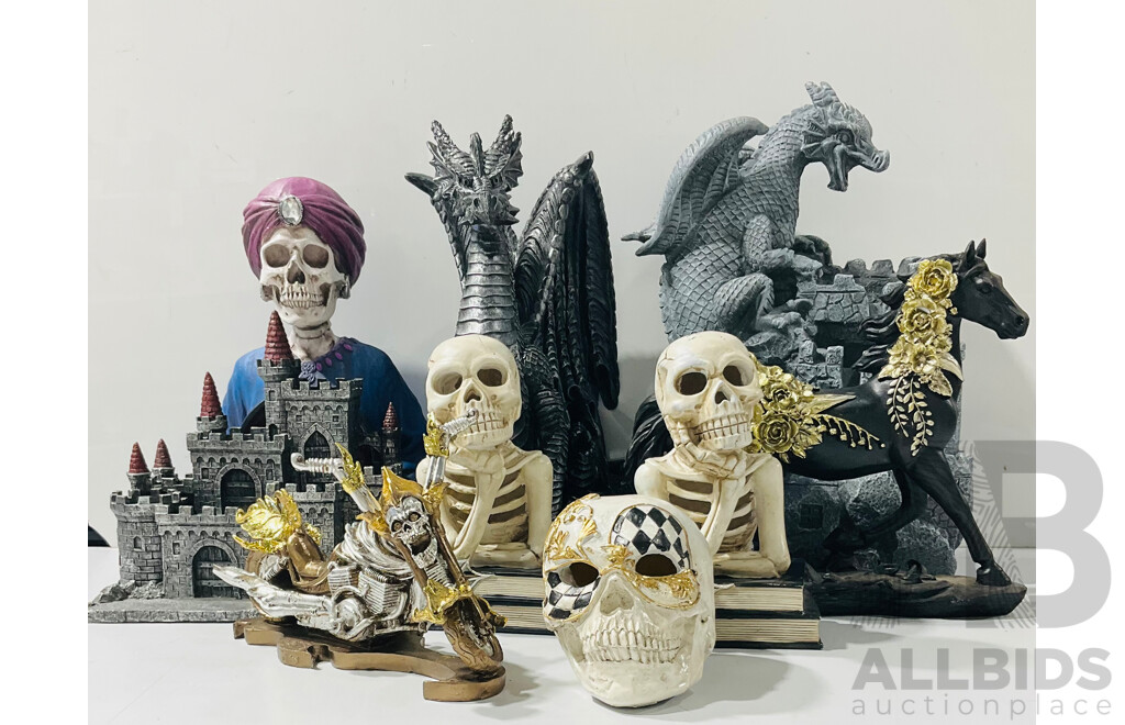 Collection of Novelty Decorations Including Dragons, Castles and Skeletons