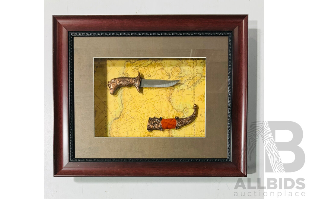 Framed Replica Knife with Decorated Hilt and Sheath