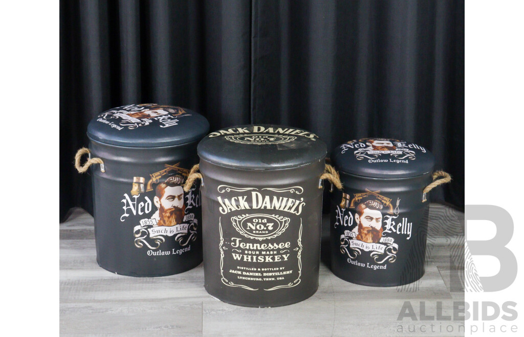 Set of Three Leather Top Advertising Stools Inc Ned Kelly and Jack Daniels