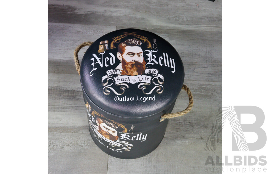 Set of Three Leather Top Advertising Stools Inc Ned Kelly and Jack Daniels