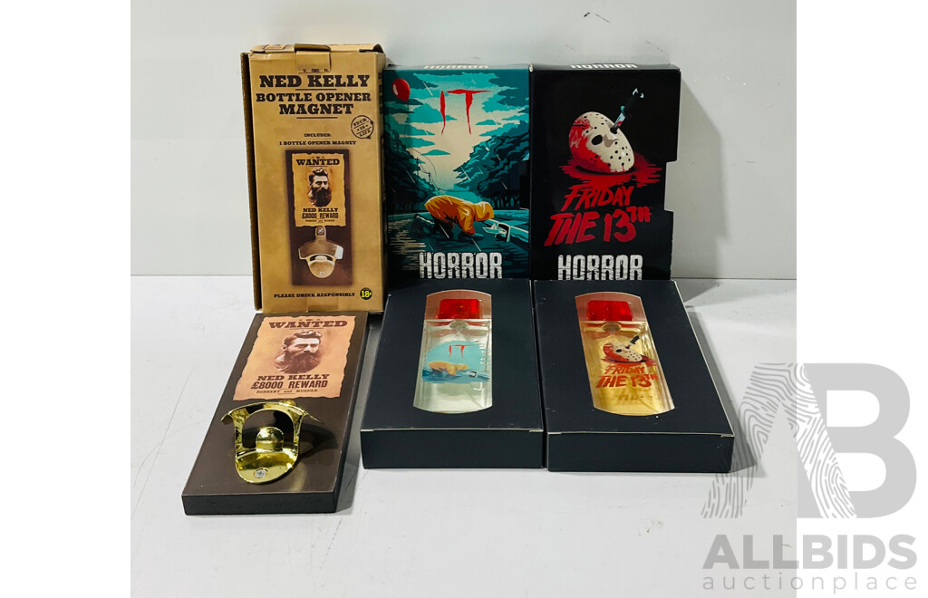 Pair of Horror Themed 75ml Eau De Toilette Bottles Including It and Friday the 13th as Well as Ned Kelly Bottle Opener Magnet