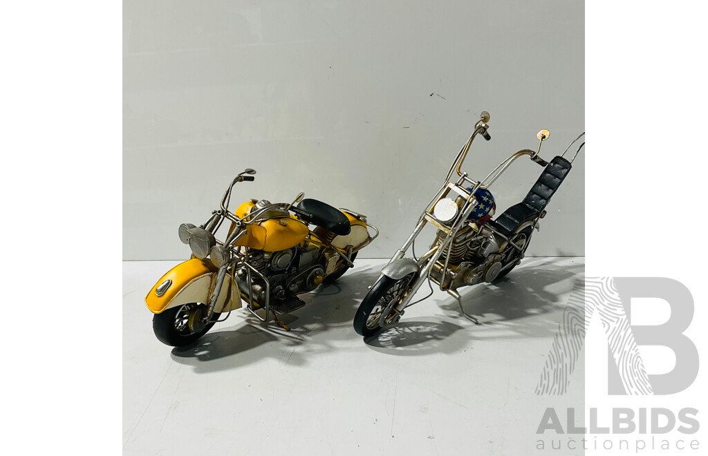 Pair of Painted Metal Motorbike Models