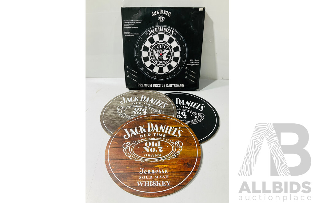 Collection of Jack Daniel’s Merchandise Including Jack Daniel’s Dartboard and Three Signs