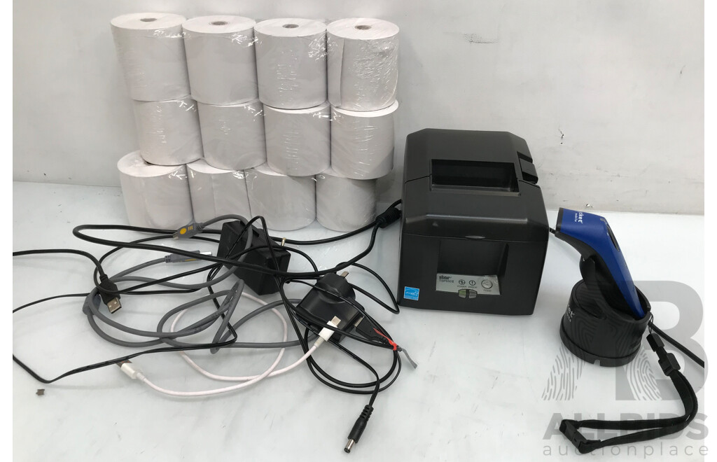 Star Micronics Direct Thermal Printer, Socket Scanner and Charging Dock, and Thermal Labels