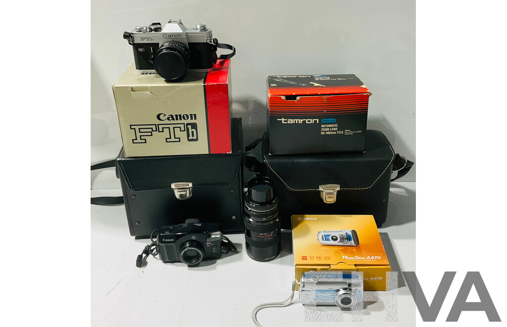 Collection of Vintage Cameras and Camera Equipment Including Canon FTb Camera, Tamron Adaptall Automatic Zoom Lens, Canon Prima BF Twin and Canon PowerShot A470 Digital Camera