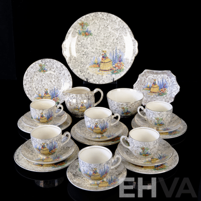 Vintage English Adderley Porcelain 22 Piece Tea Service for Six in Crinoline Ladies Pattern