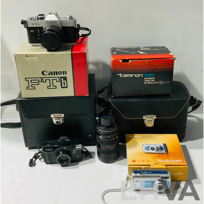 Collection of Vintage Cameras and Camera Equipment Including Canon FTb Camera, Tamron Adaptall Automatic Zoom Lens, Canon Prima BF Twin and Canon PowerShot A470 Digital Camera