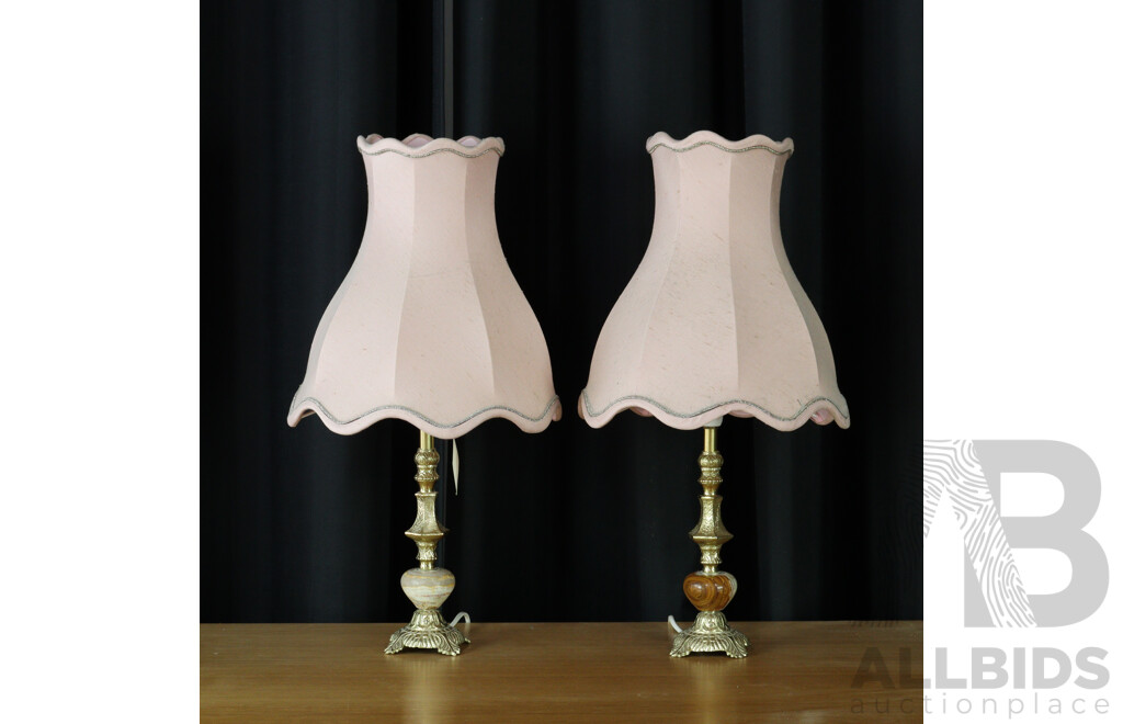 Pair Vintage Cast Brass Table Lamps with Turned Onyx Detail and Cloth Shades