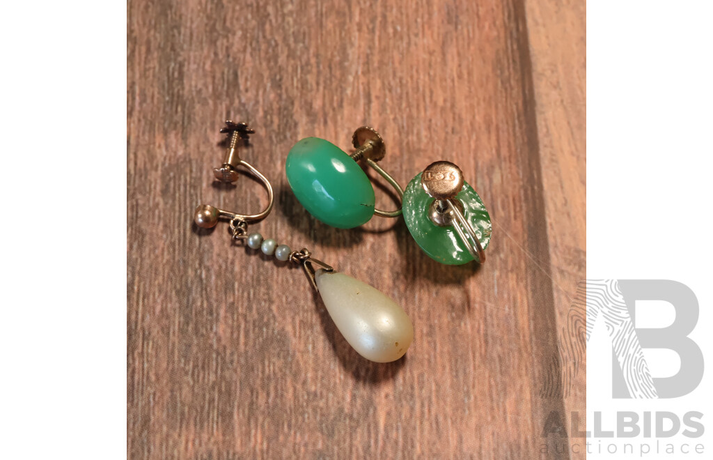 9ct Vintage Chrysoprase Cabochon Screw Back Clip on Earring & Single 9ct Faux Pearl Drop Earring, 6.13 Grams