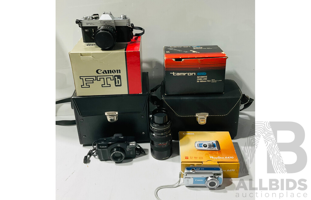 Collection of Vintage Cameras and Camera Equipment Including Canon FTb Camera, Tamron Adaptall Automatic Zoom Lens, Canon Prima BF Twin and Canon PowerShot A470 Digital Camera