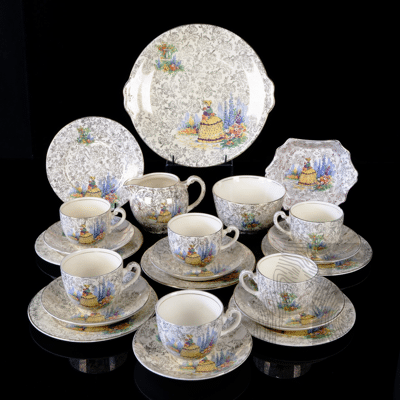 Vintage English Adderley Porcelain 22 Piece Tea Service for Six in Crinoline Ladies Pattern