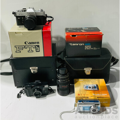 Collection of Vintage Cameras and Camera Equipment Including Canon FTb Camera, Tamron Adaptall Automatic Zoom Lens, Canon Prima BF Twin and Canon PowerShot A470 Digital Camera