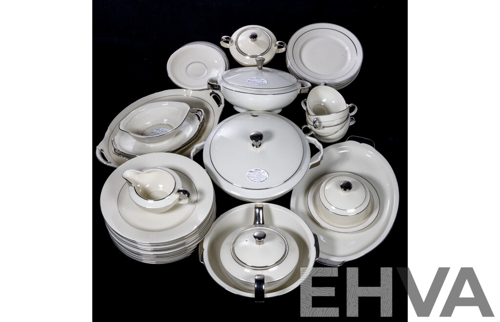 Fantastic Antique Art Deco Czech Bozoro Porcelain 44 Piece Dinner Service with Silver Detail, From Federal Hotel Melbourne, Circa 1920s