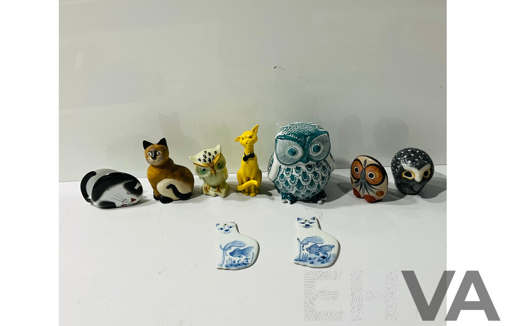 Collection Feline and Owl Form Pieces Including Ceramic and Wooden Examples