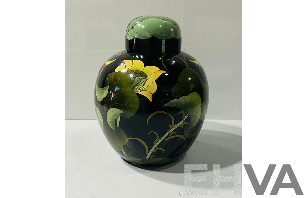 Large Japanese Lidded GInger Jar with Hand Decorated Lotus Theme