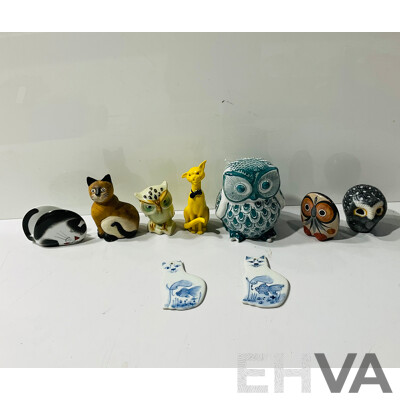 Collection Feline and Owl Form Pieces Including Ceramic and Wooden Examples