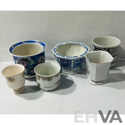 Collection Asian Vintage and Other Jardinnieres Including Blue Example and Underplate with Water Bird Decoration, Hexagonal Example and More