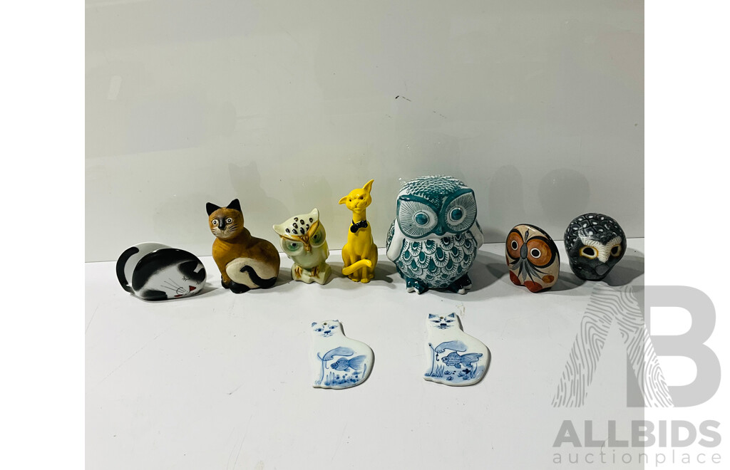 Collection Feline and Owl Form Pieces Including Ceramic and Wooden Examples