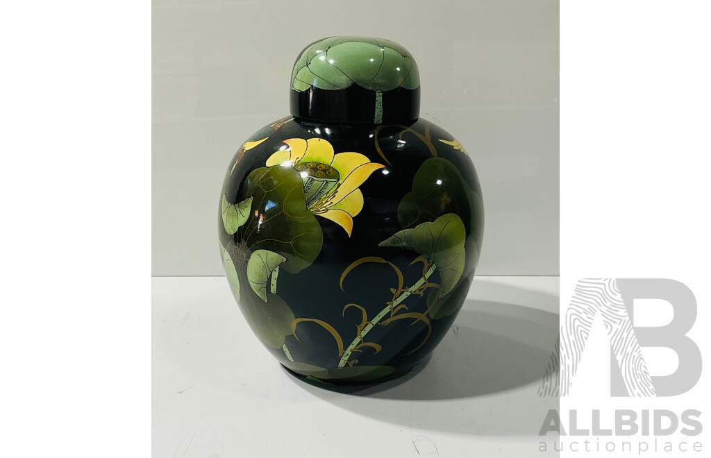 Large Japanese Lidded GInger Jar with Hand Decorated Lotus Theme