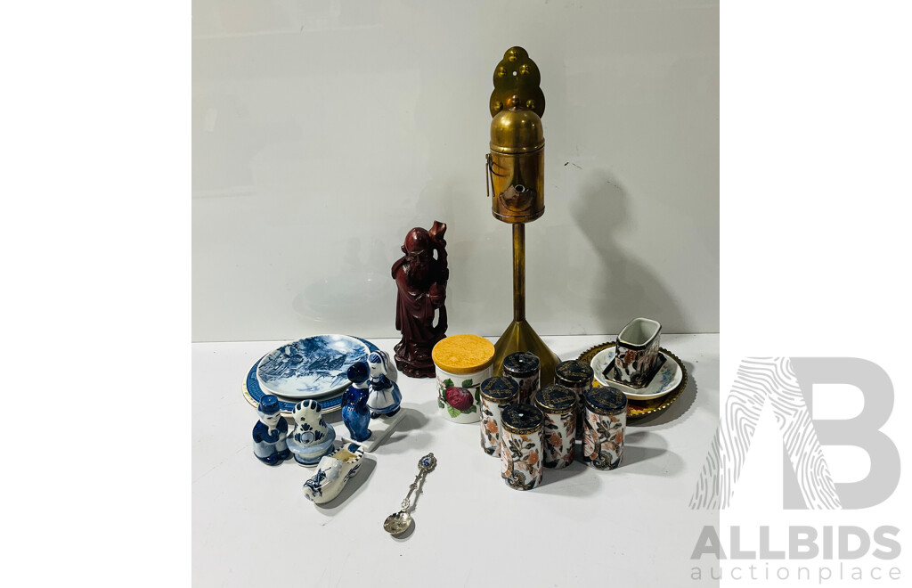 Collection Interesting Items Including Hand Carved Chinese Immortal Figure with Peach of Immortality, Three Sets Japanese Hand Painted Porcelain S & P Shakers, Doulton Plate, Delf and More