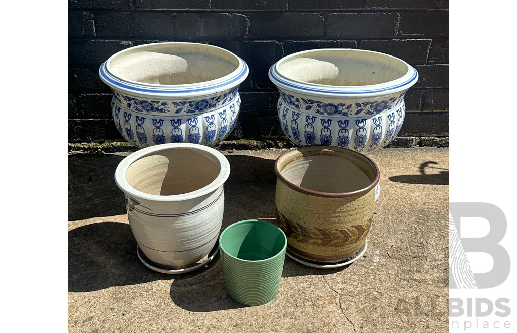Collection of Glazed Ceramic Garden Pots Including Two Blue and White Urn Planters