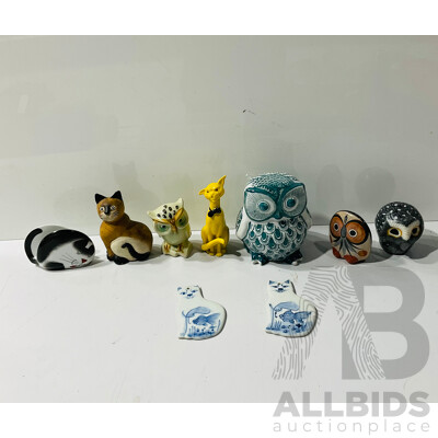 Collection Feline and Owl Form Pieces Including Ceramic and Wooden Examples