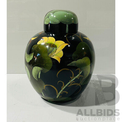 Large Japanese Lidded GInger Jar with Hand Decorated Lotus Theme