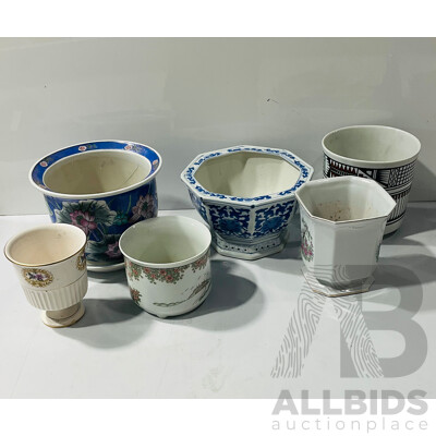 Collection Asian Vintage and Other Jardinnieres Including Blue Example and Underplate with Water Bird Decoration, Hexagonal Example and More