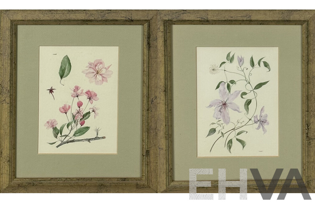 Ann Gethen, (20th Century, American), Cherry Blossom and Clematis, Pair of Vintage Reproduction Prints of Original Watercolours, 29 x 24 cm (frames) (2)